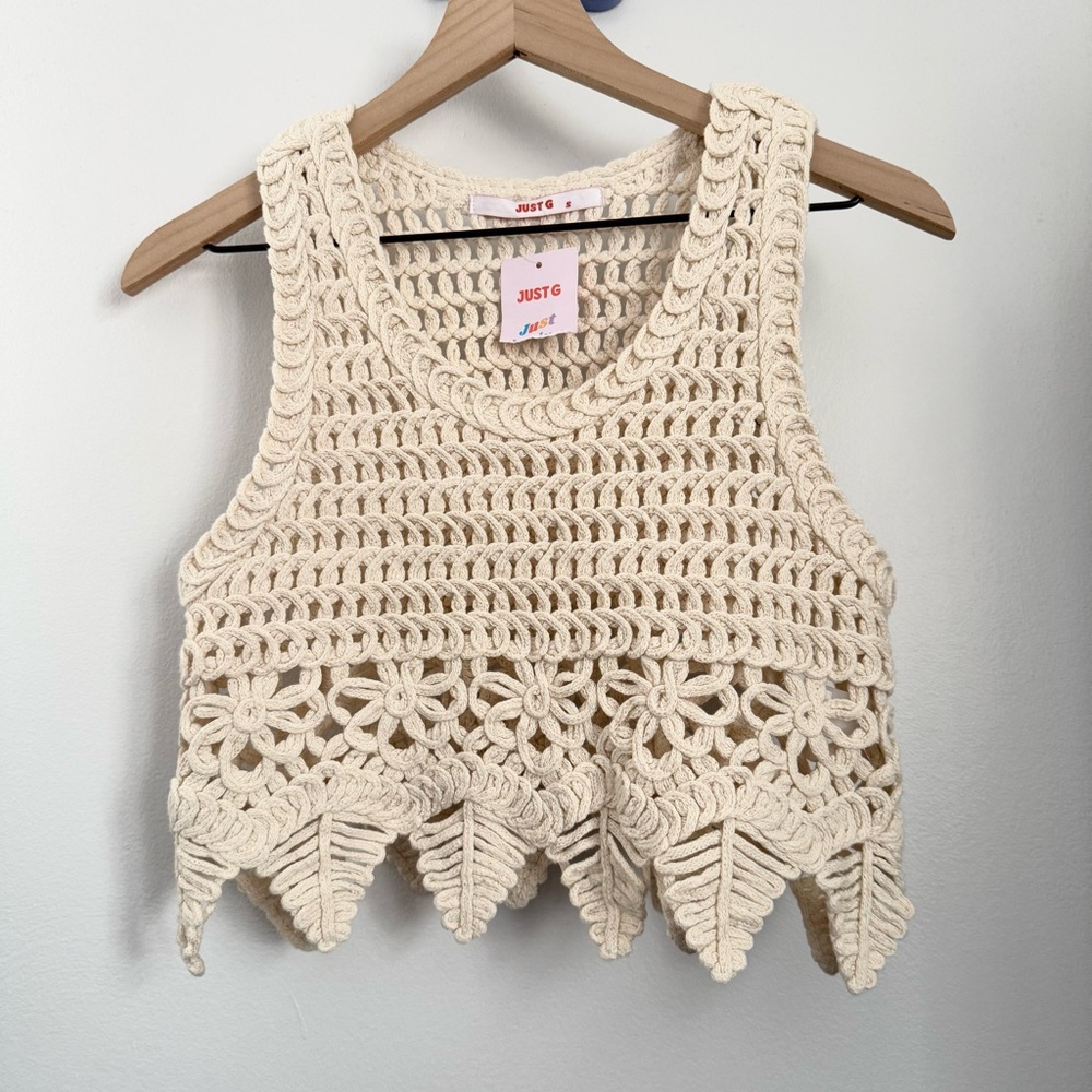 Small NEW Cream Crochet Knit Crop Tank Festival Boho Beach Hippie